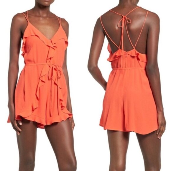 ASTR Waist Tie Flutter Romper Coral Red Orange Sleeveless Strappy Boho Ruffle XS - Picture 1 of 10